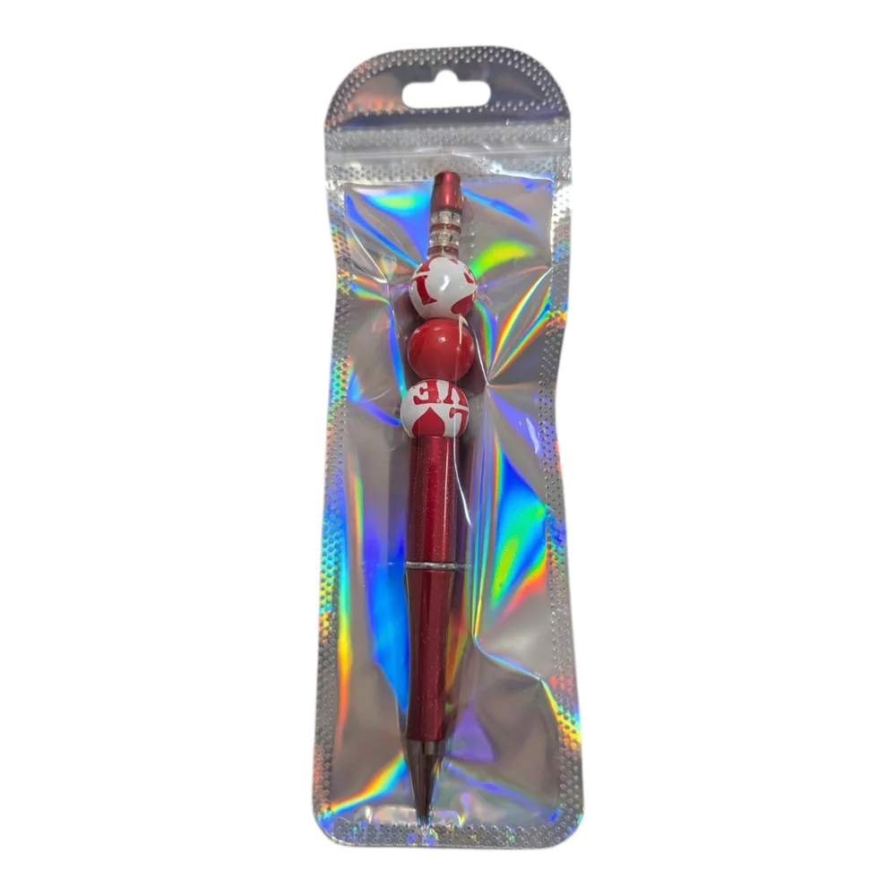 Handcrafted Red and White Beaded Pen Rhinestone Love Handmade NEW